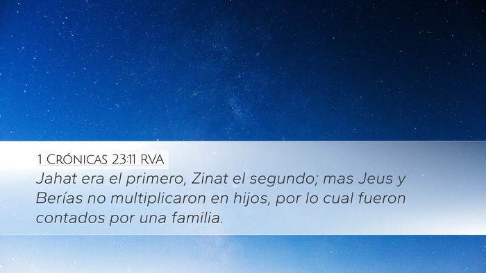 1 Crónicas 23:11 RVA Desktop Wallpaper - Jahat era el primero, Zinat el segundo; mas Jeus - Desktop Bible Verse Wallpaper