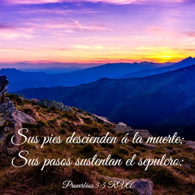 Picture 03 - Proverbios 5:5 RVA - Sus pies descienden á la muerte; Sus pasos - Bible Verse Picture